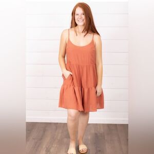 Alredine Coral Rust Crinkle Gauze Tiered Babydoll Dress Size Small